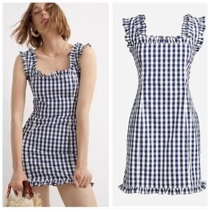 J.Crew Cotton Gingham Ruffle Strap Mini Dress Size 8 Navy & White Preppy Coastal